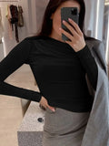 Sleeve Top White T-Shirts Women Basic Crop Top Autumn Pollover Solid Skew Neck T Shirt Streetwear Basic Black Y2K Tees-Outfit