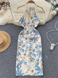 Senior Pearl Halter Ladies Dress Off Shoulder Elastic Waist Bodycon Dress 2022 Female Print Sexy Slit Long