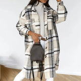 Checked Jackets Coats Women Fashion Casual Oversized Turn Down Collar Long Outwear Thick Warm Woolen Blends