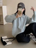 New Knitted Sweater Cardigan Female Simple Pocket Double Zipper Hooded Female Loose Solid Color Coat Female-Outfit