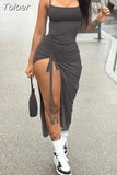 Color Spaghetti Strap Ruched Drawstring Long Party Dress Women 2023 Summer Low Neck Sleeveless Side High Split Prom