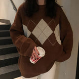 Knitted Sweater Women's Oversized Pullovers Korean Style Loose Jumper Ladies Autumn Long Sleeve Chic Argyle