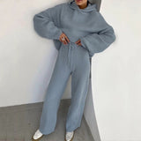 Summer Knitted Sweat Suits Women Matching Sets Long Sleeve Hoodie+wide-legged Pants Loungewear Sweater Set Two Piece