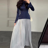 Autumn New Solid Fashion Splicing Design Round Collared 100-Folded Dress