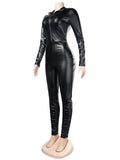 Fall Sexy Solid Faux Leather PU Bodycon Jumpsuits Club Outfits Women 2023 Long Sleeve Zip Up One Pieces Women