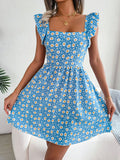 Print Square Neck Ruffle Shoulder