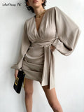Party Ruched Sexy Dress Women Lantern Sleeve V-Neck Satin Short Dress With Sashes Clubwear Spring 2023 Solid