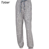 Sequin Sequin Drawstring Casual Pants 2023 Fashion New High Waist Ladies Lace-up