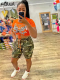 Summer Clothes Streetwear 2 Two Peice Sets Outfits Women Short Sleeve Crop Top Camouflage Shorts Mesh Yellow Matching