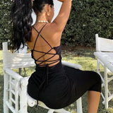 Toloer New Women's Summer Sexy Neck Back Tie Dress Solid Color Long Dress