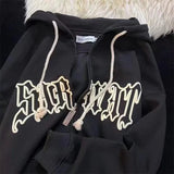 Women Letter Embroidery Hoodies Autumn Winter Retro Zipper Long Sleeve Loose Jacket Coats Y2K Harajuku Casual Hooded Sweatshirts 703-0-Outfit
