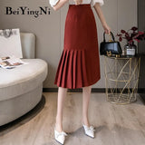 High Waist Elegant 2020 Summer Long Pleated Midi Skirt Woman Solid Color Office Work Wear Irregular Maxi Black