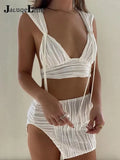 2022 Jacquard Knitted Slit Mini Skirts Crop Top White Y2K Outfits for Women Sexy Beach Vacation Summer Two Piece
