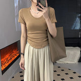 New Summer Design Feel U-Collar Short-Sleeved T-Shirt Women Fold Slim Look Thin Inside A Solid Color Short-Style Blouse-Outfit