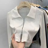 Design Sense Niche Double Zipper Polo Collar Jacket Women's Early Autumn New Threaded Short Top Knitted Cardigan-Outfit