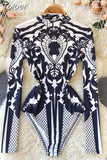 Women Bodysuit 2023 New Autumn Fashion Stand Collar Long Sleeve Body Top Casual Streetwear Floral Print Sexy Skinny Bodycon