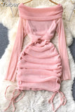 Off Shoulder Bodycon Mini Dress Women Fashion Spring Slash Neck Long Sleeve Shinny Mesh Drawstring Ruched Club Party
