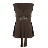 Vintage Embroidery V-Neck High Belt Vest Design Sensing A Sleeveless