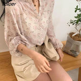Ins Shirts Women Elegant Simple Floral Chic V-neck Ulzzang Fashion Summer Soft Sun-proof Office Ladies Top Retro
