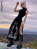 Black Off Shoulder Turtleneck Bodycon Goth Dress Dark Academic Aesthetic Girl Clothes High Split Sexy Party