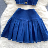 Port Style Retro Hottie Set Short Sling Vest With Mini Half-Dress Denim Two-Piece