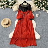Retro Court Style Heavyweight Embroidered Long Hundred Folds Bubble Bubble Sleeve Dress Female 100