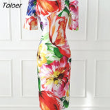 Women Pencil Dress Summer Vintage Floral Print Short Sleeve Slit Slim Midi Party Commute Robe Femme Ladies Mujer