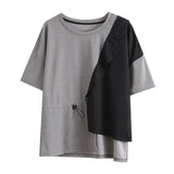 Women White Irregular Drawstring Big Size T-shirt New Round Neck Short Sleeve Fashion Tide Spring Summer 2023