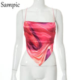 Sexy Women Casual Y2K Blue Tie Dye Summer Crop Tops Skinny Lace Up 2021 Club Chic E Girl Halter Mini Vest Tank