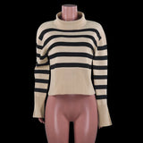 Fashion Beige Stripe High Collar Slit Long Sleeve Knit