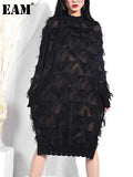 2023 New Spring Autumn Stand Collar Long Sleeve Black Perspective Split Joint Big Size Dress Women Fashion Tide