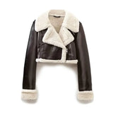 Women Fashion Lapel Lambswool Coat Double Sided Short Jacket Autumn Winter elegant Female Fleece Warm Thick Chic
