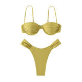 Women Swim Bikini Suit, Solid Color Pleated Sleeveless Bra+ Shorts Briefs Swimwear Swimsuit-Outfit