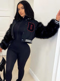 Fashion Letter Fake Fur Long Sleeve Zipper Baseball