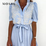 Long Dress Women Summer Puff Sleeve Hollow Out Party Dress 2021 Sexy Lace Patchwork Tie-Up Belted Shirt