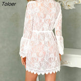 Vacation Lace Beach Dress Women Sexy Club V-neck Party White Casual Dresses Hollow Long Sleeve Short Sundress Robes