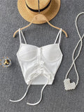 Summer Streetwear Black Soild Corset Top Backless Cami Strap Drawstring Bandage V Neck Crop Top Women 2022 Pink Tops