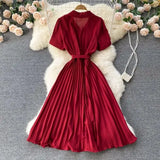 Summer Vintage Women Pleated Dress Red/Pink/Brown Turn-Down Collar Short Sleeve High Waist Casual Draped A-Line Vestido New