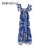 Vintage Blue Print Dress For Women Square Collar Short Sleeve High Waist Slim Maxi Dresses Female 2021 Summer