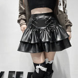 Leather Mini Skirts Punk Style High Waist Lace Up Bandage Black Pleated Skirt Streetwear Girls Dark Academia Clothes-Outfit