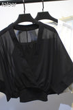 Two Piece Set Striped Chiffon Grid Summer Half Sleeve Loose V-Neck Floral Spring Cool Blouses Sweet Ladies Short Tops