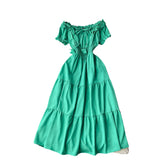 Dress Women's Dress Temperament Gentle Wind The Word Shoulder Bubble Sleeves Waist Shows Thin Fairy Dress Sweet Holiday Dress-Outfit