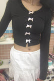 Bow Fashion Girl's Long-Sleeved Blouse 2024 New Lace Collar Hot Girl Fashion Navel T-Shirt-Outfit