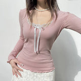 Sweet Girl Lace Bow Stitched Pink Long-Sleeved T-Shirt 2023 New Slim U-Collar Blouse-Outfit
