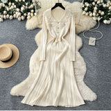 Fragrant Elegant Collar Long Sleeve Metal Buckle Waist Knitted Dress Autumn Thin Long