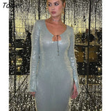 ICE Sequin Midi Dress Women Solaria Party Evening Clubwear Vestidos Ladies V-Neck See-through Outfits Glitter