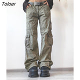 Safari Style Multiple Pockets Patchwork Women Jeans High Street Solid Low Waist Baggy Denim Pants Grey Hippes Pants