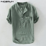 Men Shirts Stand Collar Solid Loose Cotton Blouse Short Sleeve Brand Shirts Retro Harajuku Camisas Hombre Summer