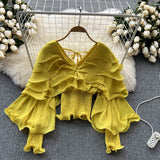 Ruffles Slim Chiffon Long Blouse Fashion V Neck Chic Long Sleeve Elastic Waist 2022 Autumn French Streetwear Solid