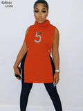 Letter Print Knit T-Shirts Women Bodycon Dress Sleeveless Turtleneck Skinny Elastic Side Split Tank Female Party Clubwear